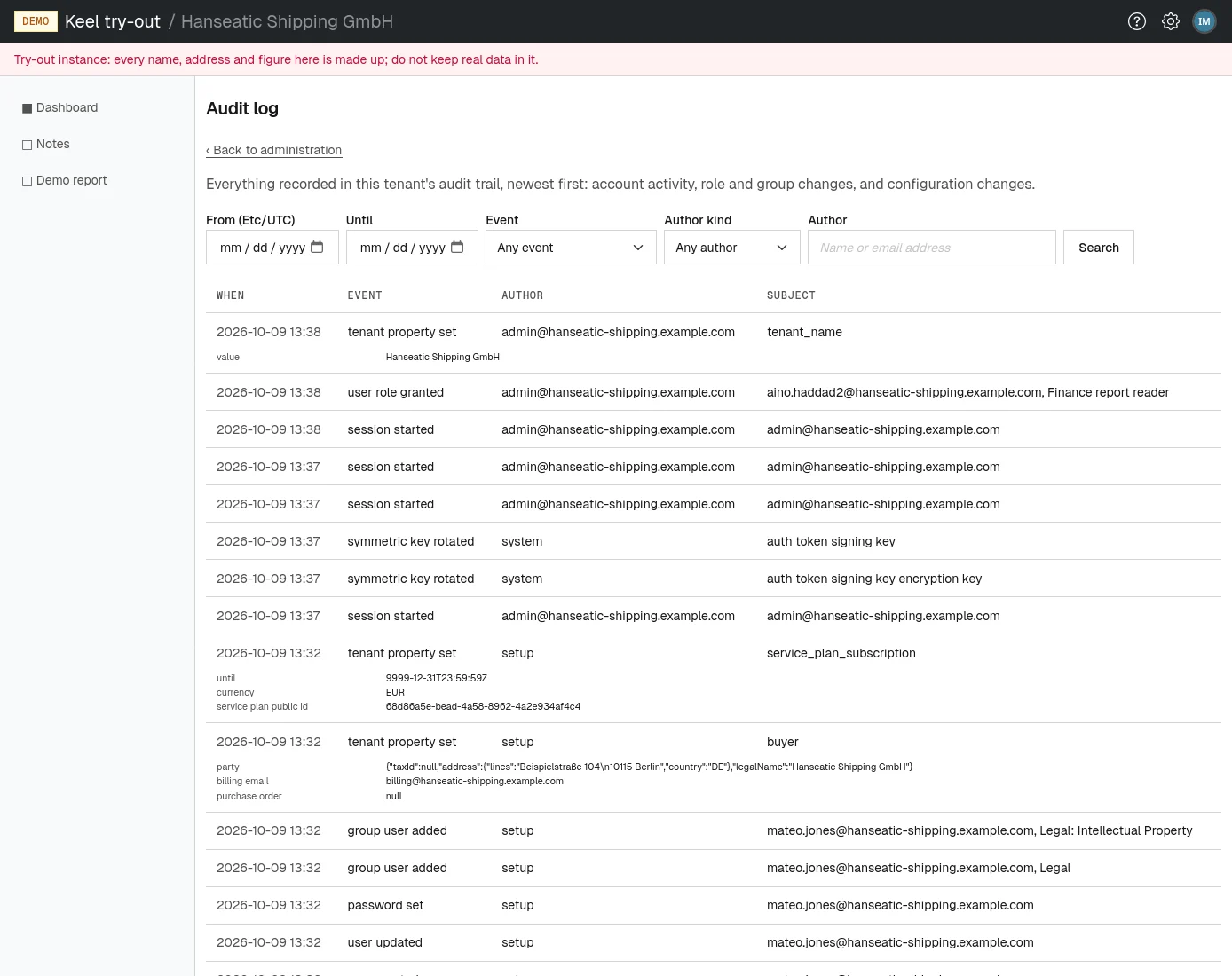 The audit log: the search above, entries newest first.