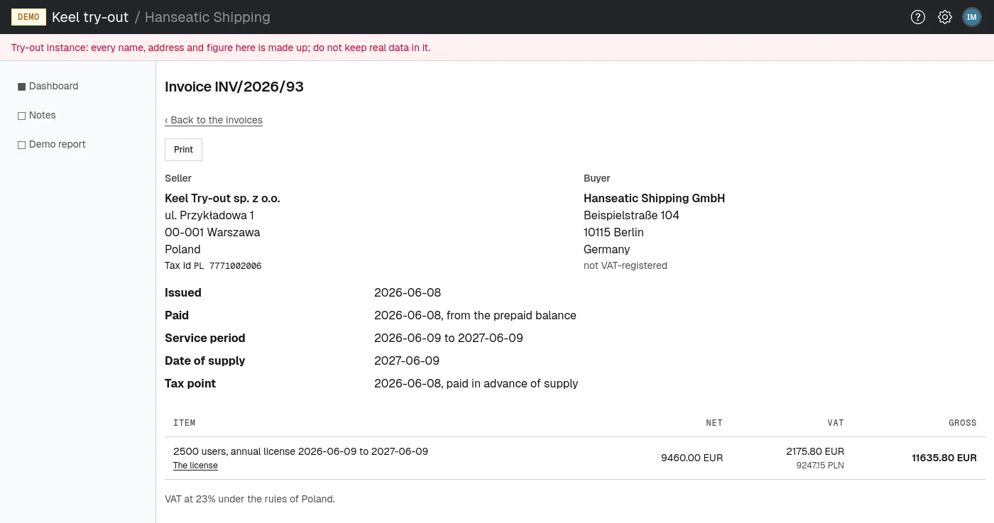 An invoice as it appears on screen, with its Print button.