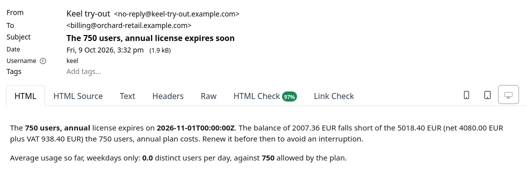 The warning sent when a renewal is coming and the balance will not cover it.