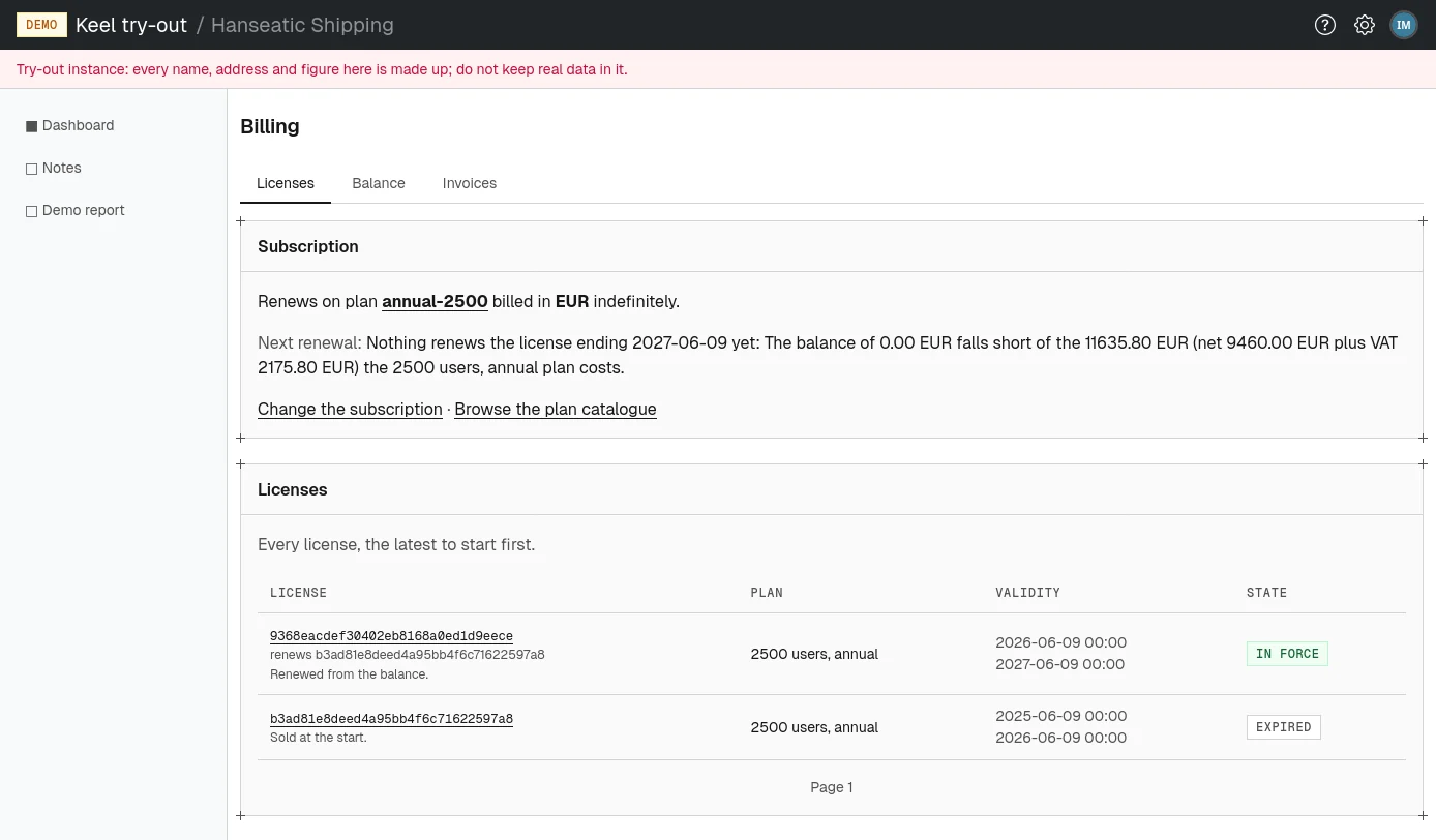 The Licenses tab: the subscription above, every license below.