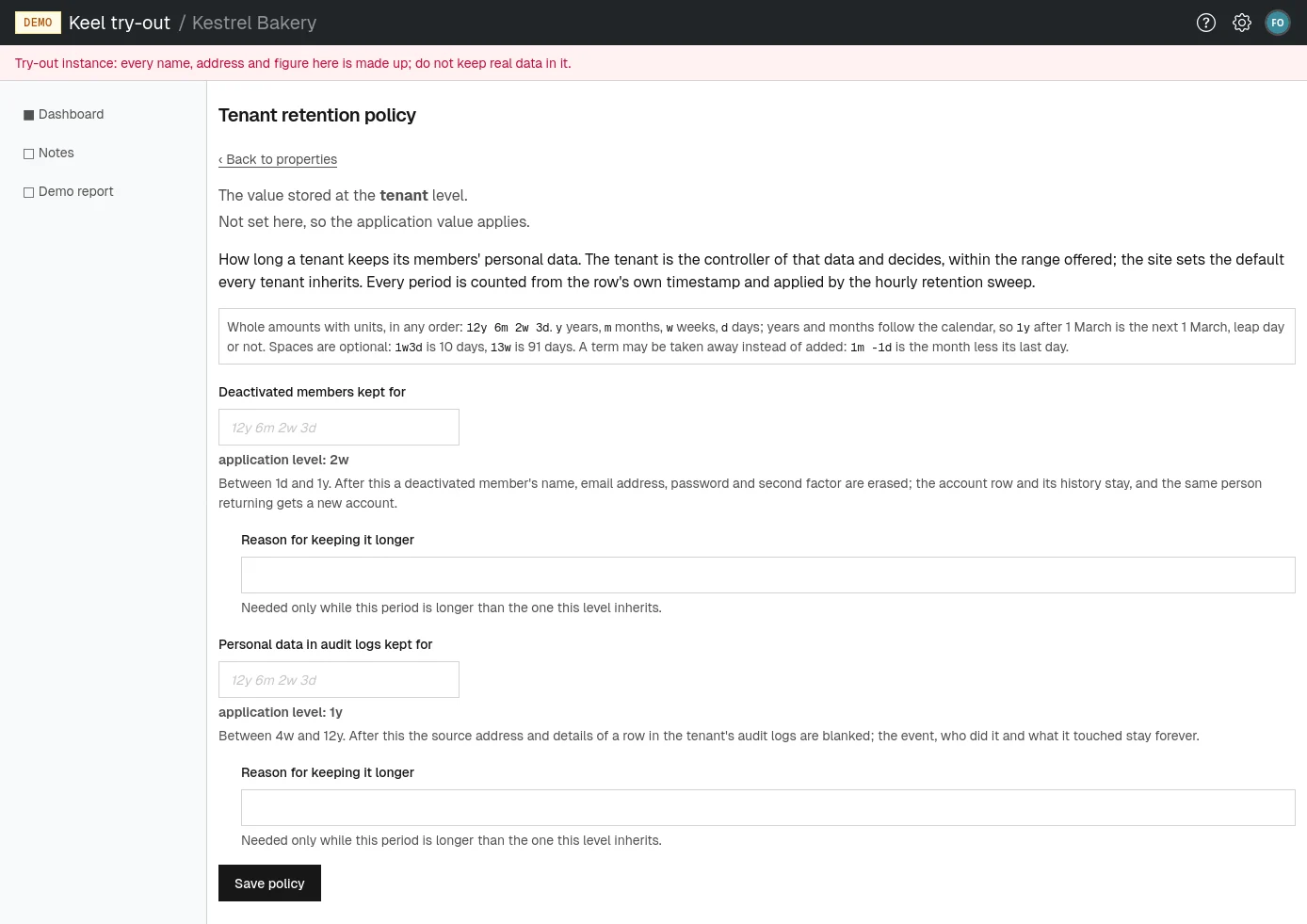 The tenant retention policy: two periods, each with a reason field for keeping data longer.