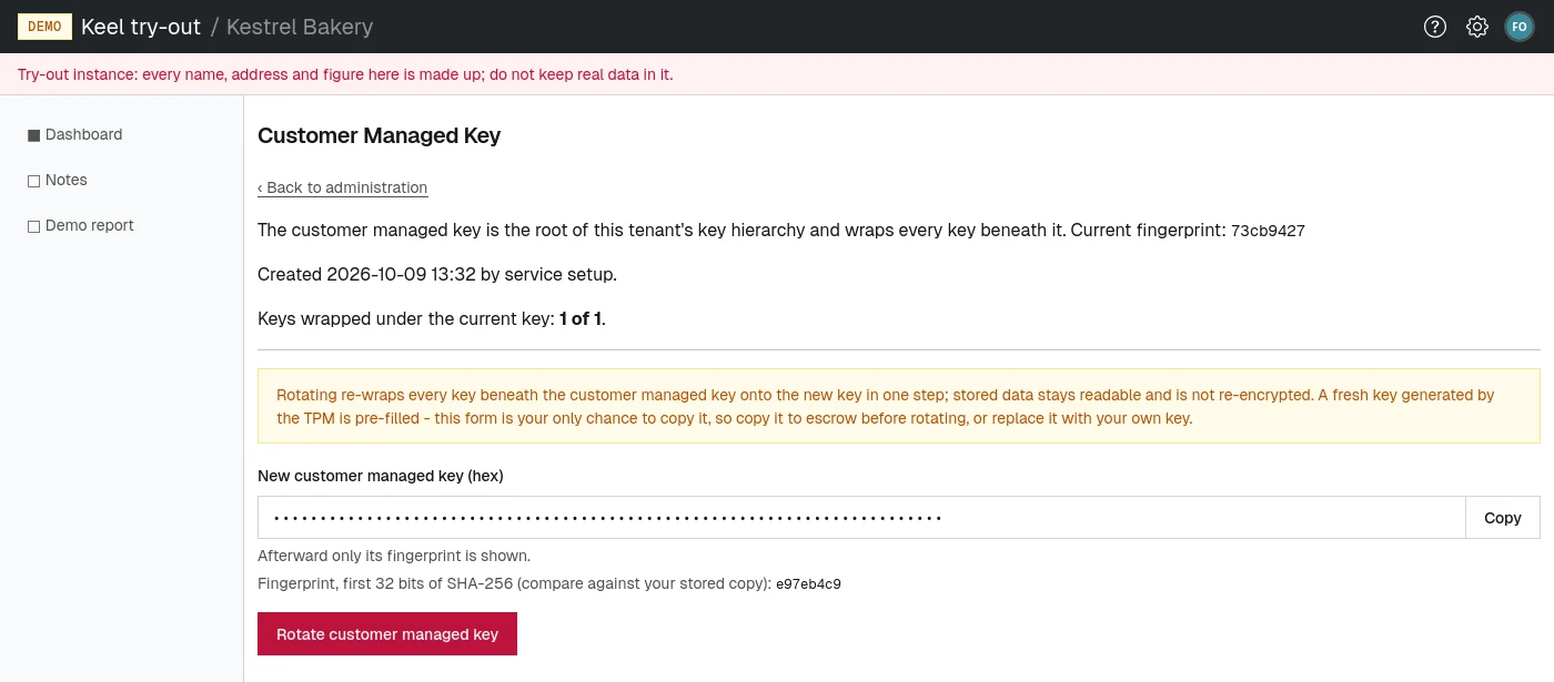 The customer managed key page: its fingerprint, how many keys it wraps, and the rotation form.