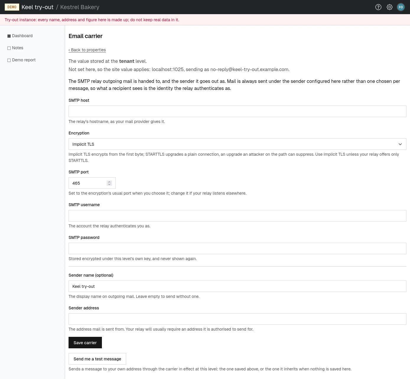 The email carrier form, with the test message button below it.