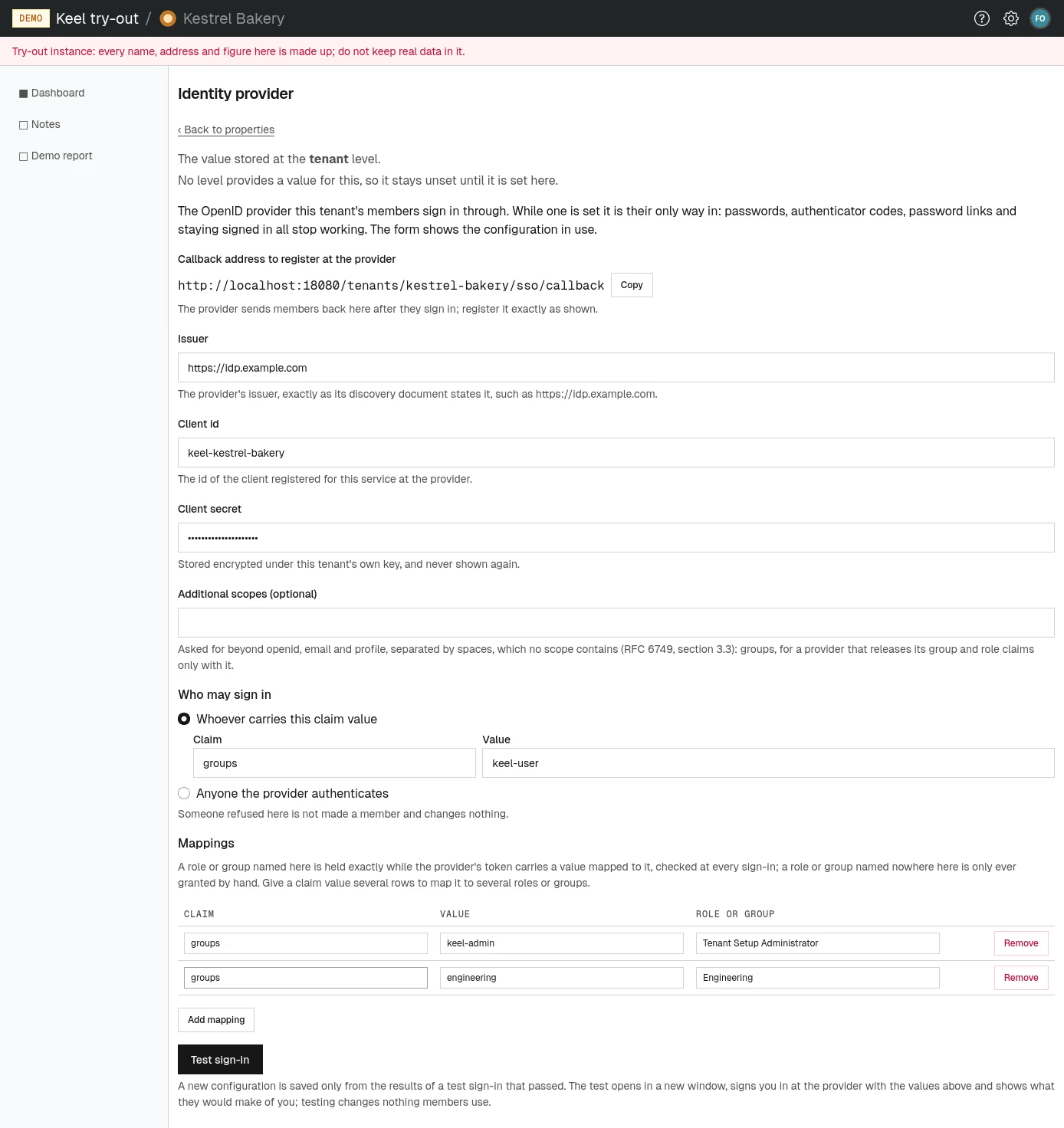 The identity provider form: callback address, client details, admission and mappings.
