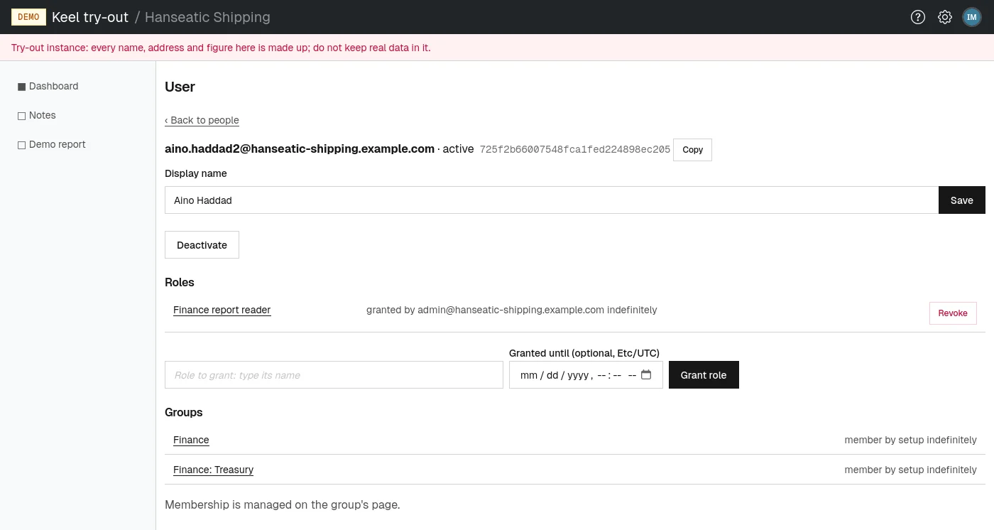 A member's page: name, status, roles granted directly, and groups.