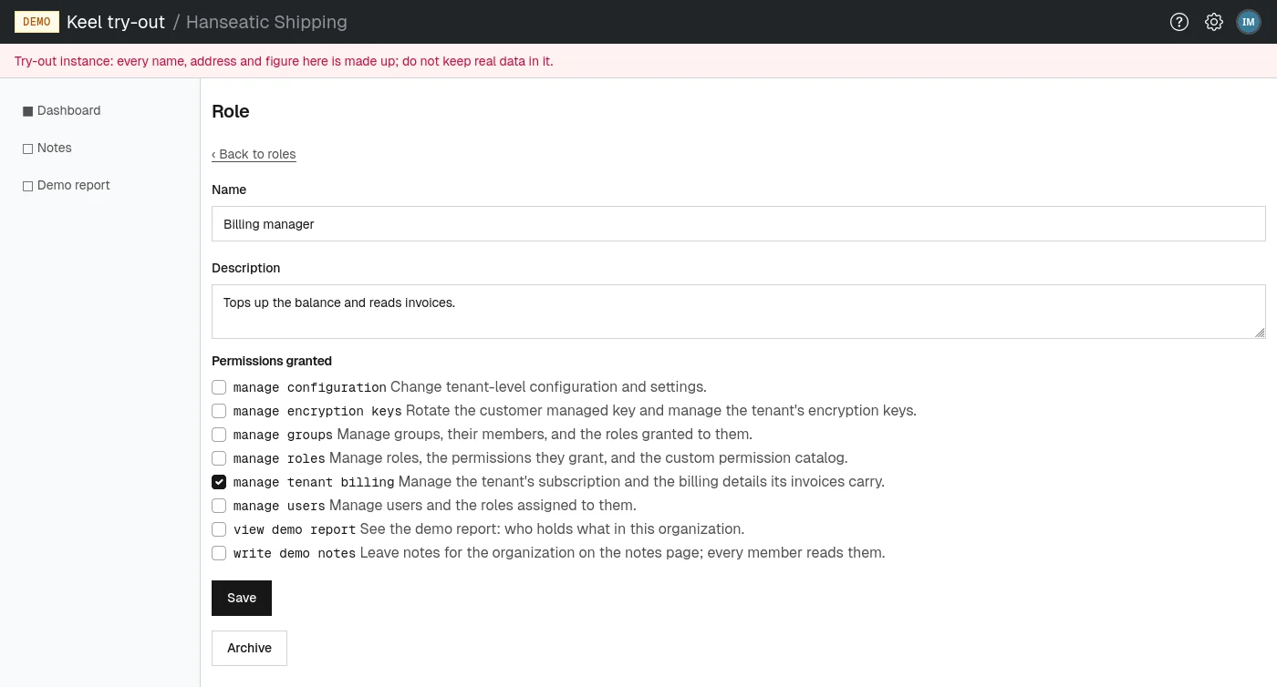 Editing a role: its name, description and the permissions it grants.