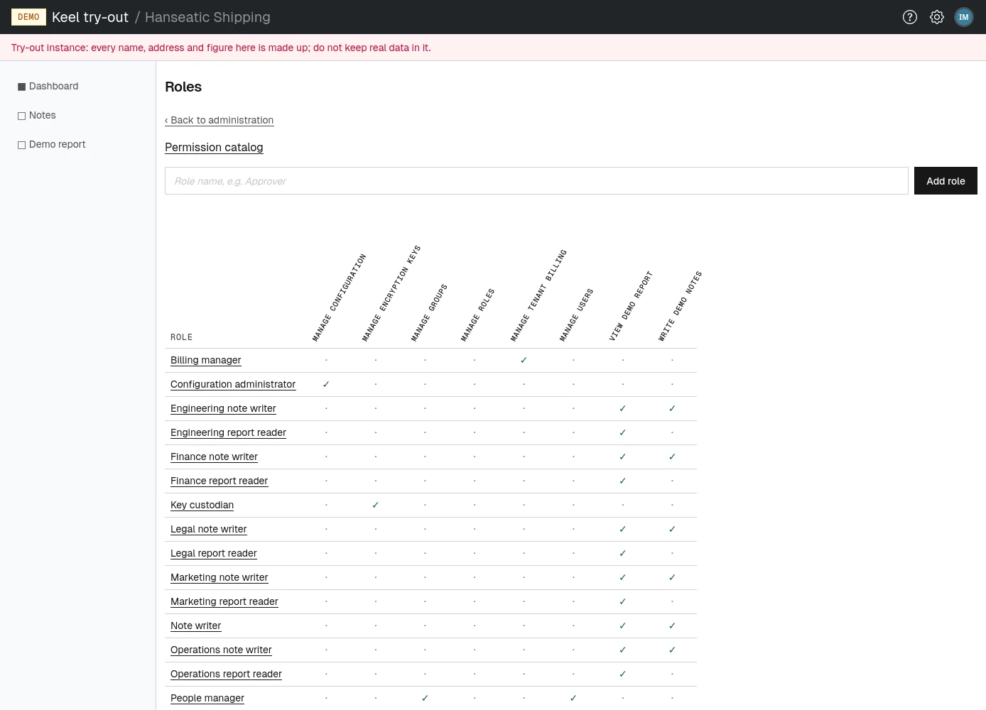 The roles page: roles down, permissions across, a check mark where a role grants a permission.