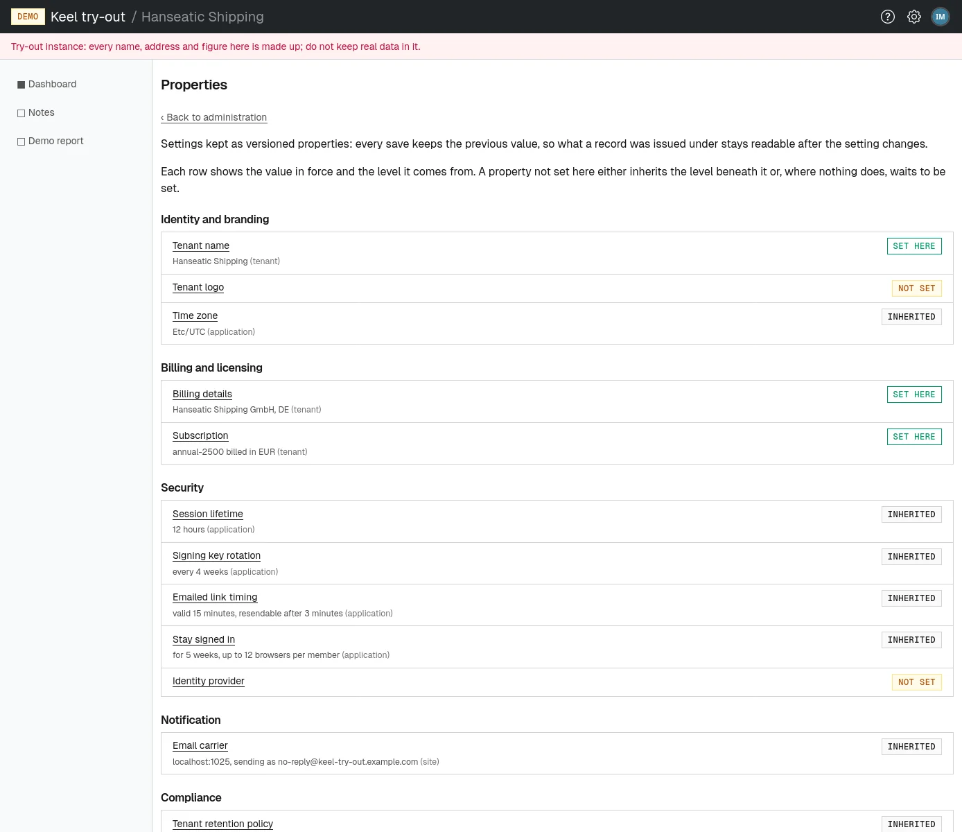 Your organization's settings, each with the value in force and where it comes from.
