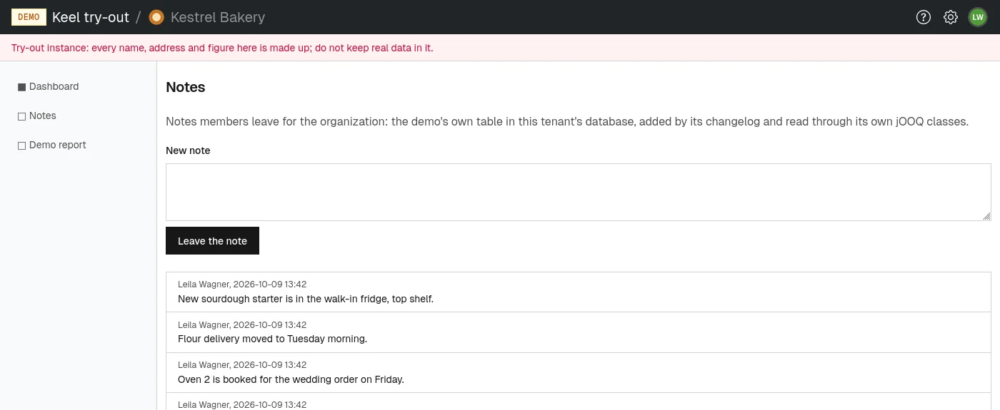 The demo's notes page: every member reads, members with the permission write.