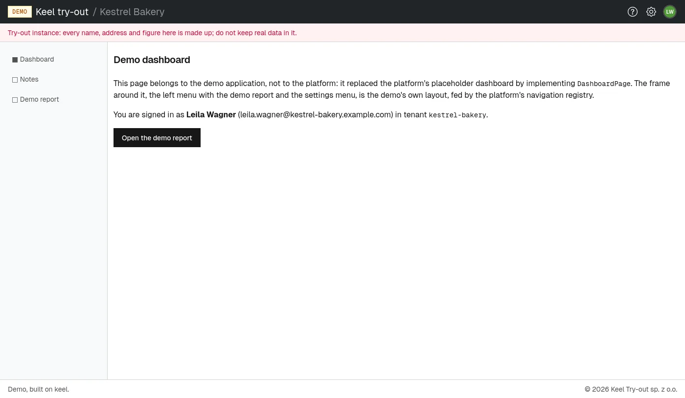 A member's dashboard in the demo application, with the header and the left menu.