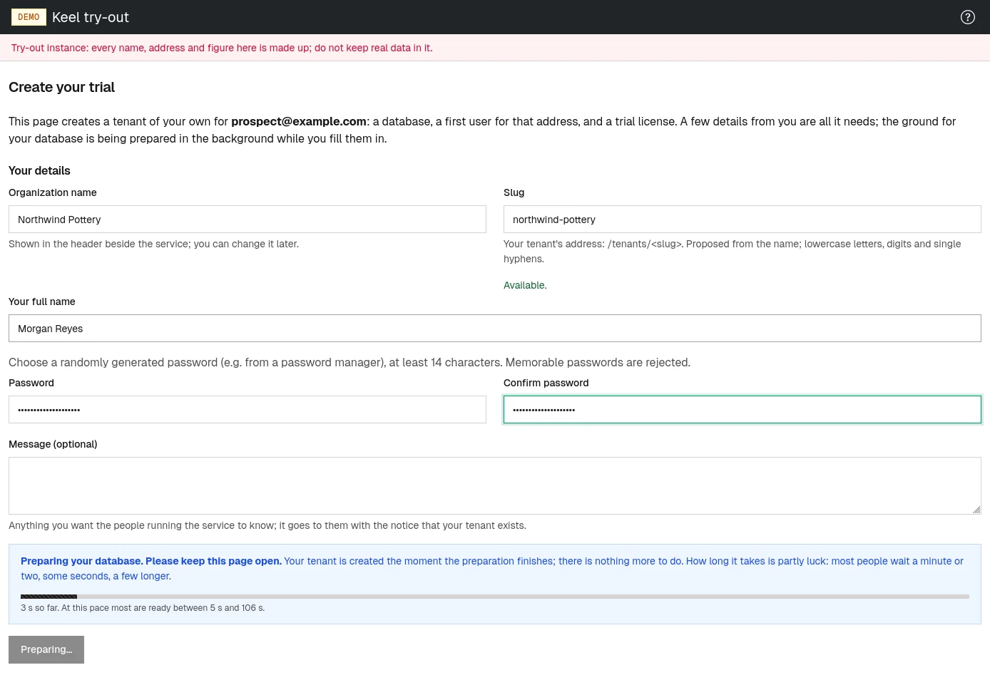 Name your organization and choose a password while your browser prepares it.