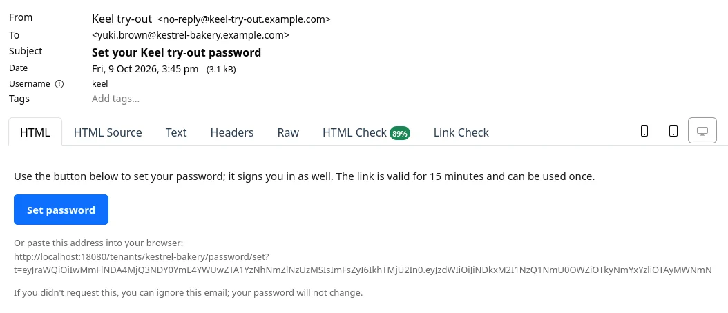 The set-password email: one button, valid once and for a short time.