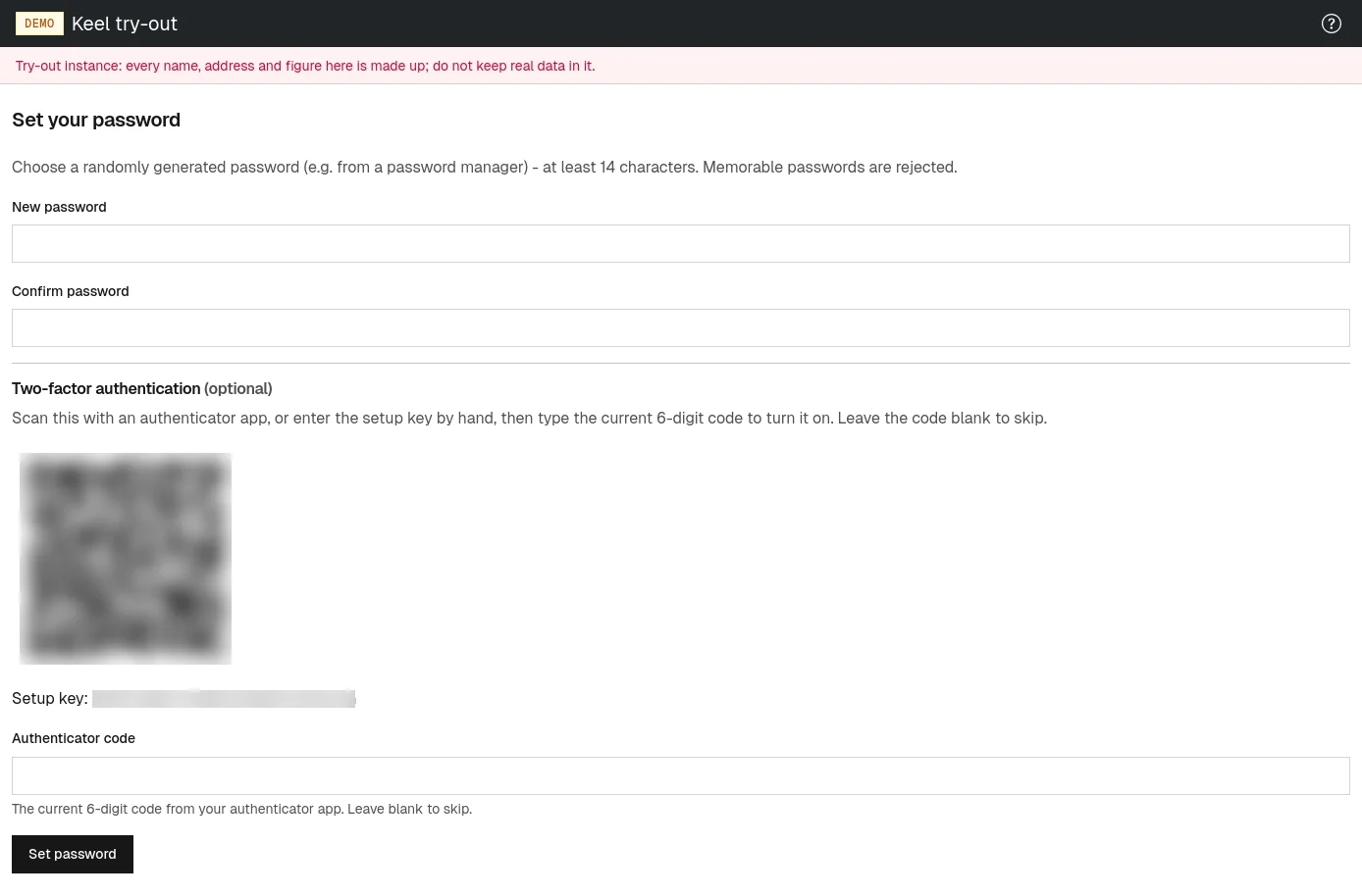The set-password page, with the optional authenticator section below the password.