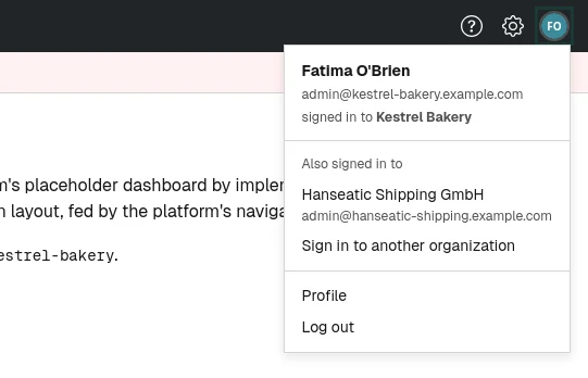 The account menu: who you are, the other tenants you are signed in to, your profile and Log out.