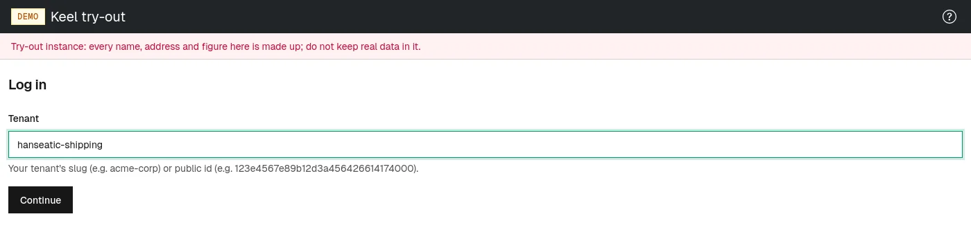 The first login step asks only which tenant you belong to.