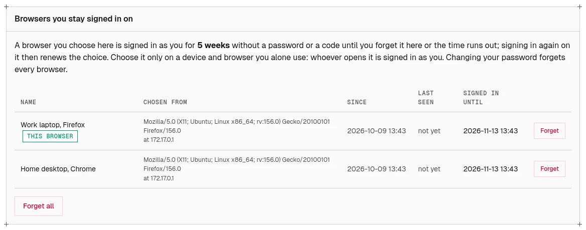 The browsers that stay signed in as you, each with a Forget button.