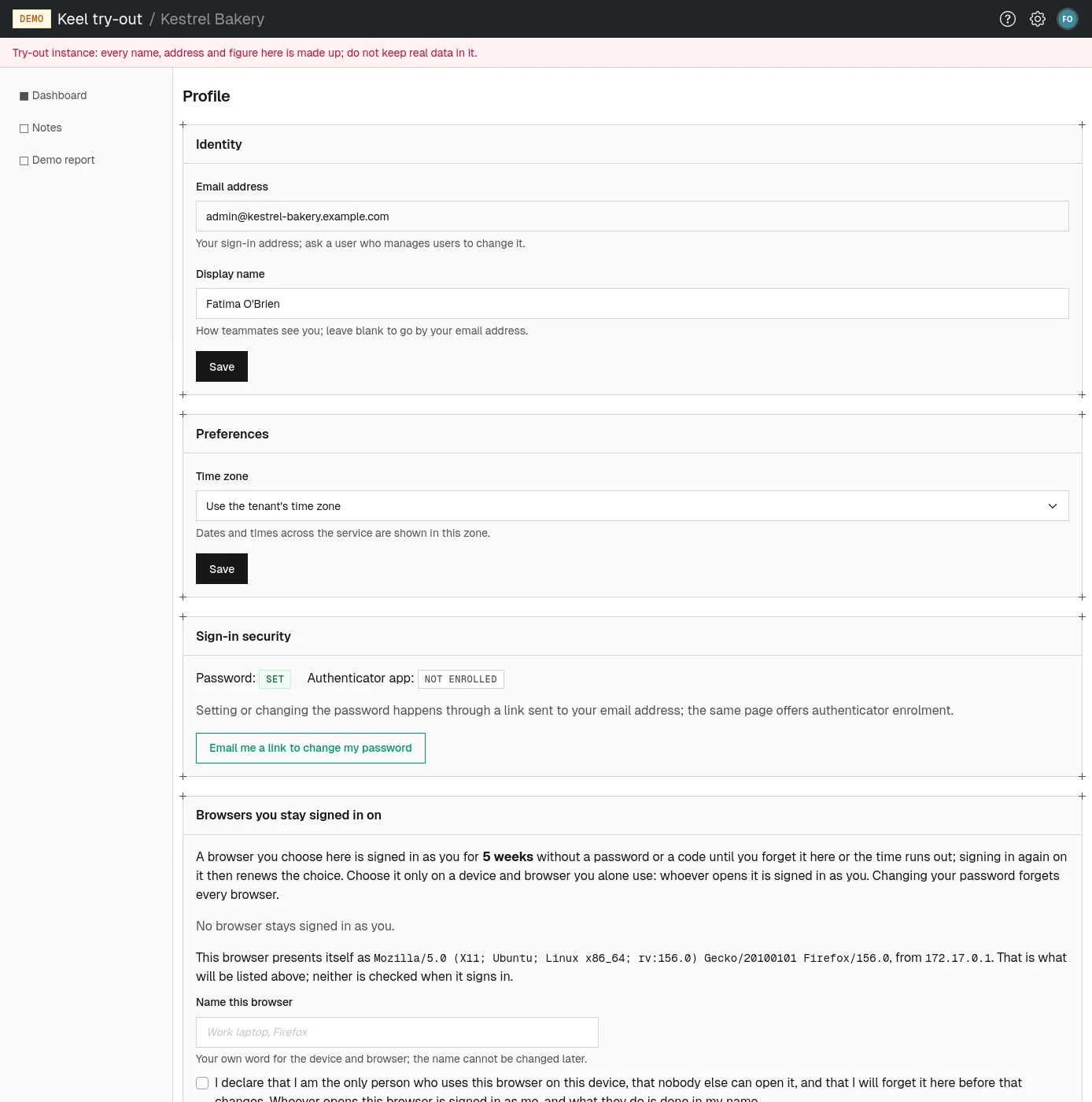 The profile page: identity, preferences and sign-in security.