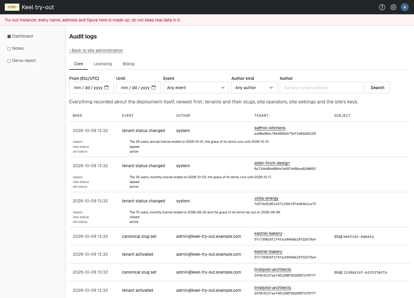 The core audit log, with its search above the entries.