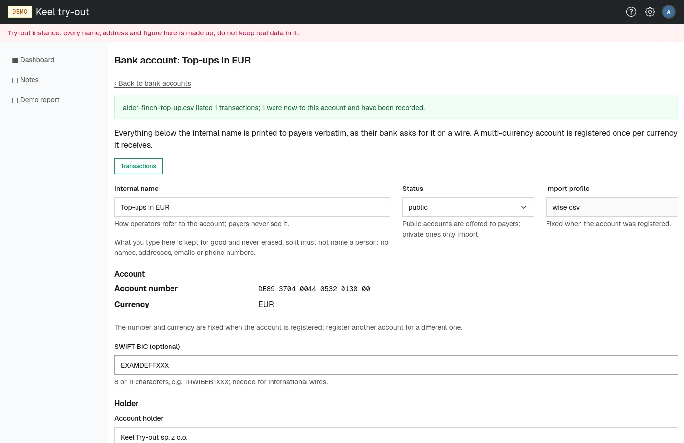 After an import, the message says how many transactions were new.