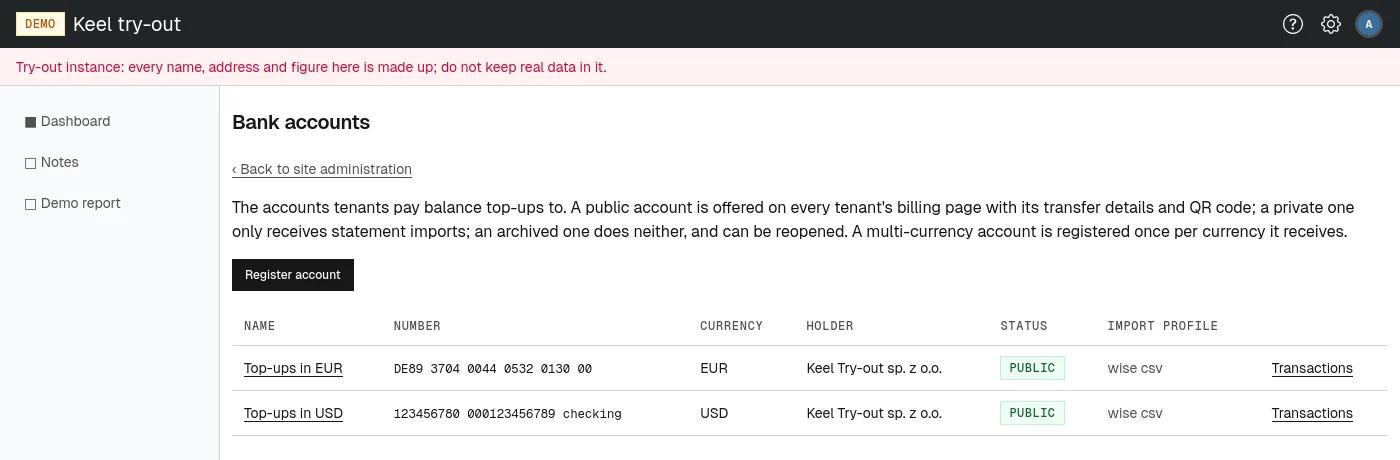 The site's bank accounts, one per currency received.