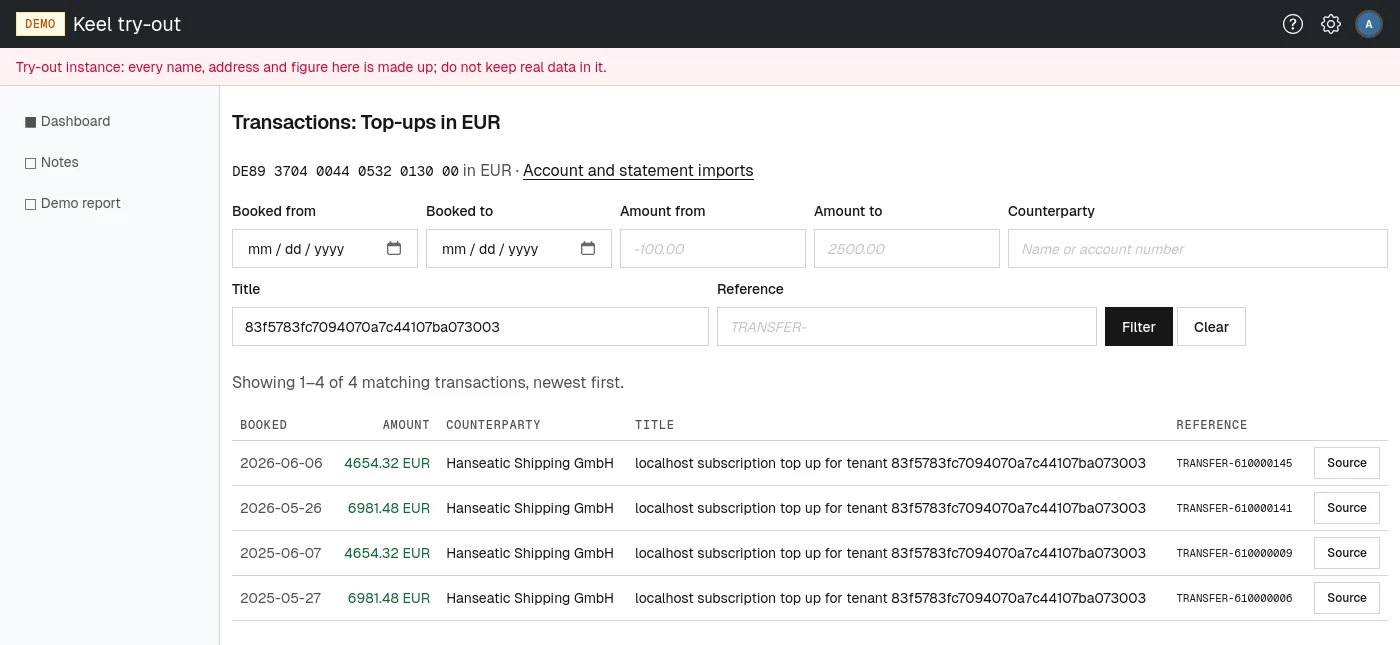 The transactions page, filtered by a tenant's public id in the title.