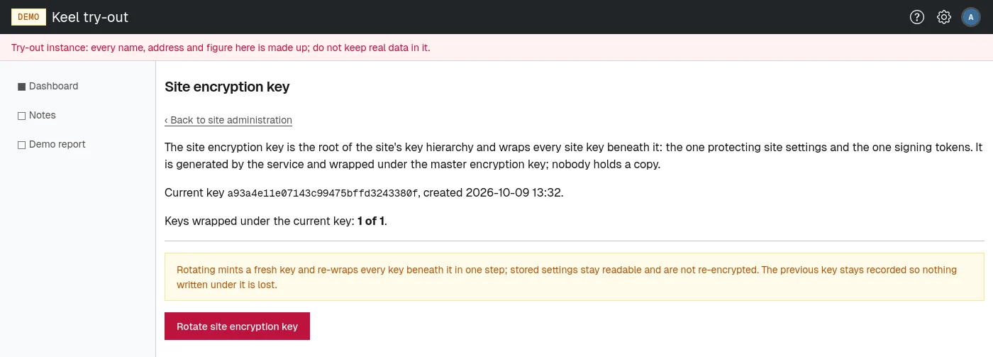 The site encryption key page, with every key beneath it protected by the current key.