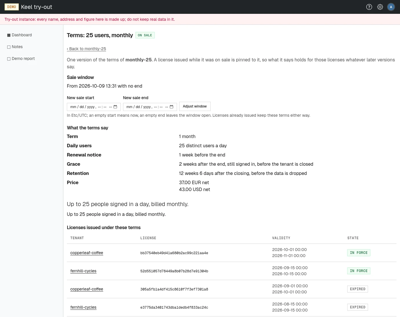 A terms version: its sale window, what it says, and the licenses issued under it.