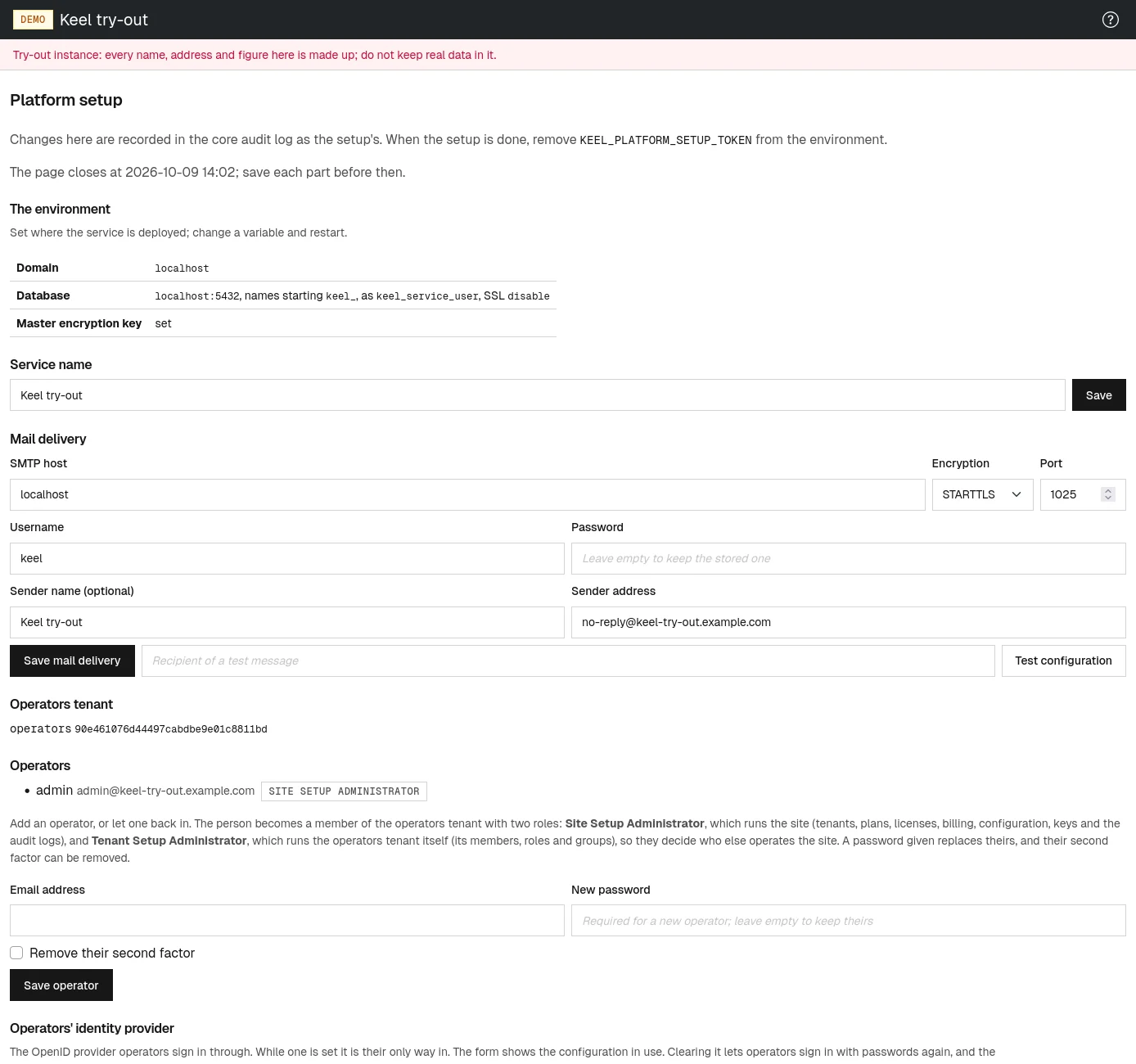 The platform setup page, open for a short window after each start.