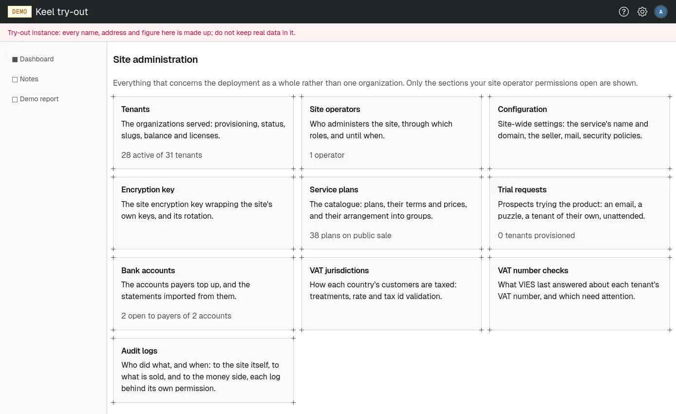 The site administration page shows one card per area you may open.