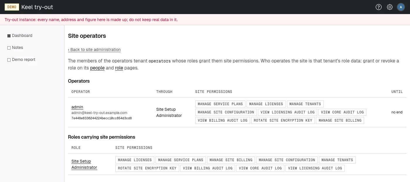 The site operators page lists who holds site permissions, through which role, and until when.