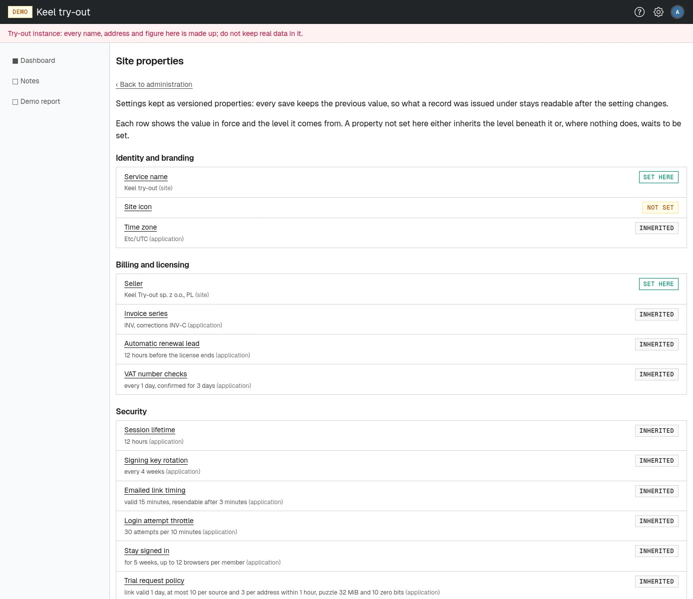 The site properties page: each setting with its value in force and where it comes from.