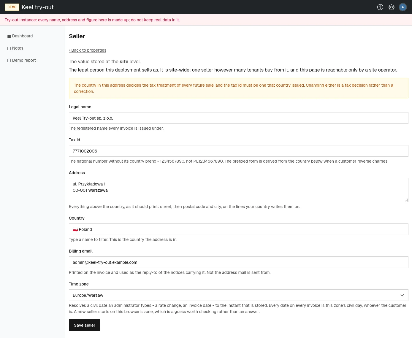 The seller page: the legal person every invoice is issued by.