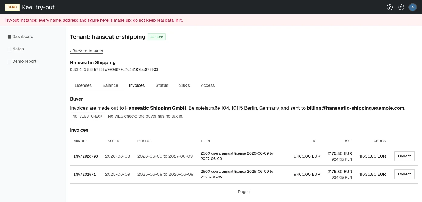 The Invoices tab: the buyer the invoices are made out to, and every invoice issued.