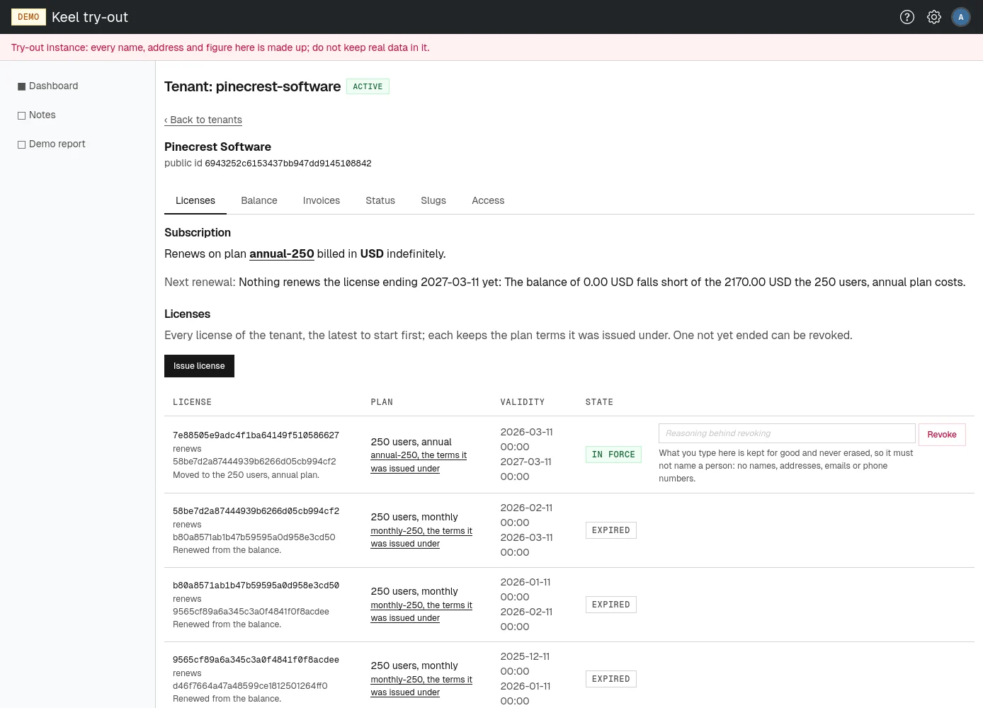 The Licenses tab: the subscription, the next renewal and the license history.