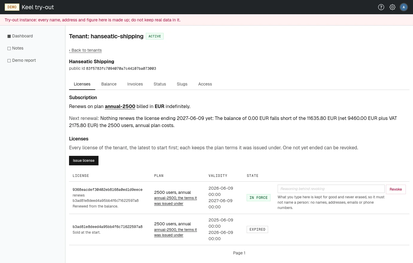 A tenant page, opened on its Licenses tab.