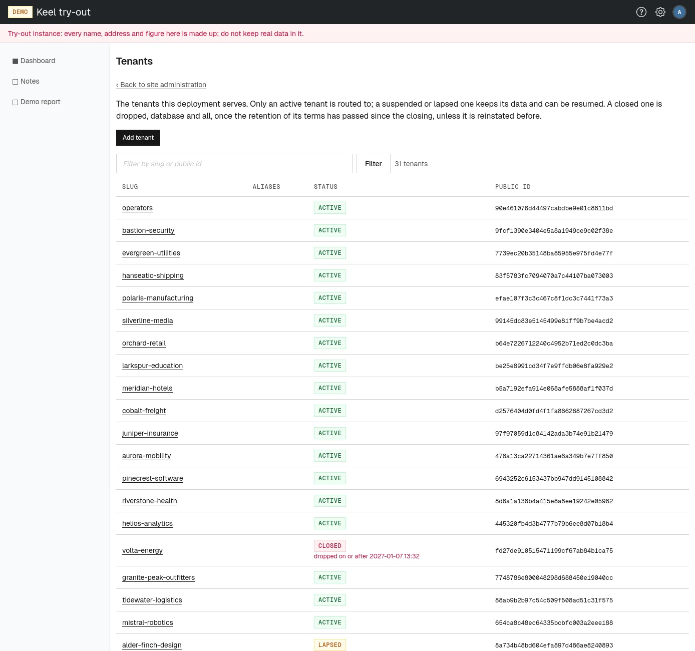 The tenant list, with each tenant's status and public id.